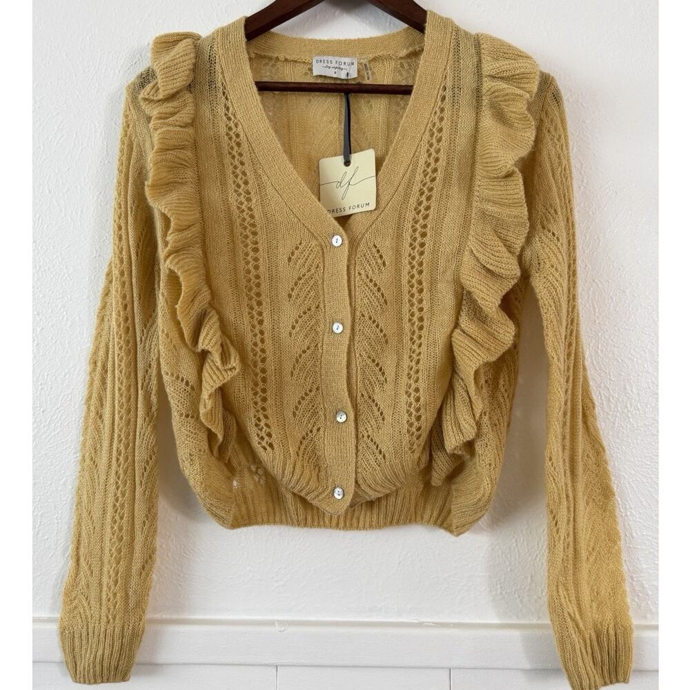 Dress Forum Yellow Ruffle Open Knit Cardigan Sweater Women’s Small NWT]='-